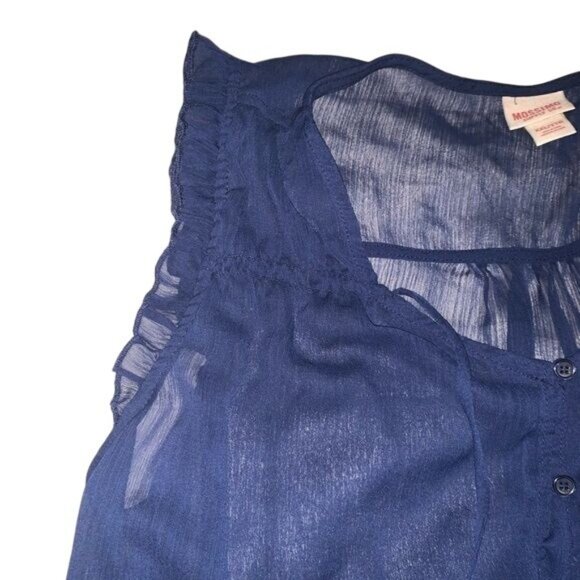 Mossimo Navy Sheer Sleeveless Ruffle Blouse With Button Front & Drawstring Waist - Picture 3 of 8
